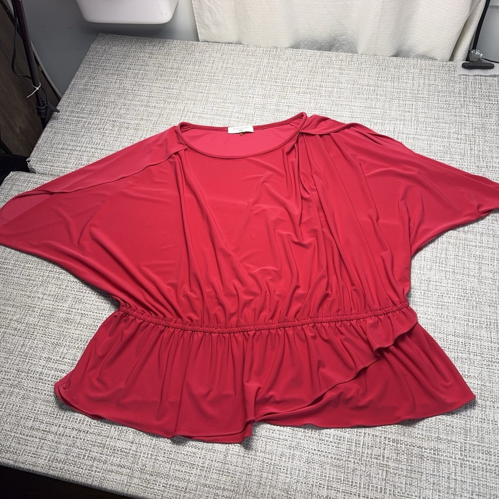 TAHARI Popover Top 3x Pink Peplum Hem Liquid Knit Stretch Dolman Open Sleeves - Picture 3 of 11
